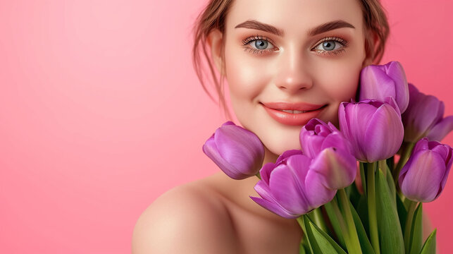 Glowing Fresh-Faced Young Woman Embracing Spring with a Bouquet of Purple Tulips, Radiant Beauty and Wellness on a Delicate Pink Background