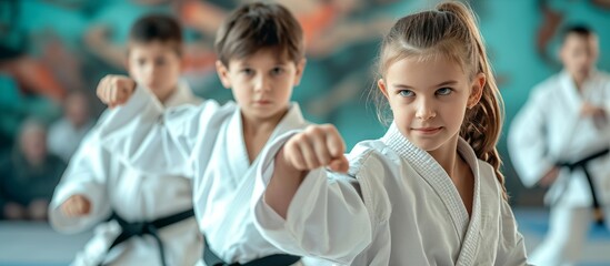 Dynamic Karate Girl and Boy Display Their Skills in Black Belts