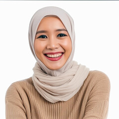 Radiant Asian Muslim woman in a cream sweater, expressing a joyful Eid Mubarak greeting gesture, isolated on a clean white background, capturing the essence of a religious lifestyle