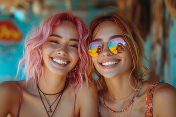Obraz premium Two women radiating joy as they flaunt their fashion accessories and stylish clothing, their smiling faces adorned with delicate necklaces, captured in an outdoor moment of pure happiness