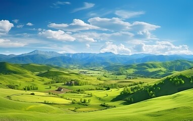 Fototapeta na wymiar Panorama of beautiful countryside. Sunny afternoon