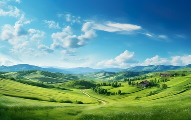 Fototapeta na wymiar Panorama of beautiful countryside. Sunny afternoon