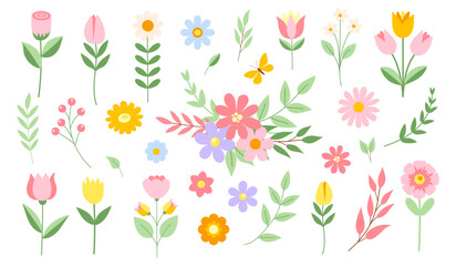 Spring flowers set. Vector flat illustration for cards, posters, banners - obrazy, fototapety, plakaty