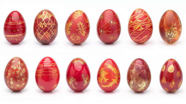 Various red and gold Easter eggs isolated on white background