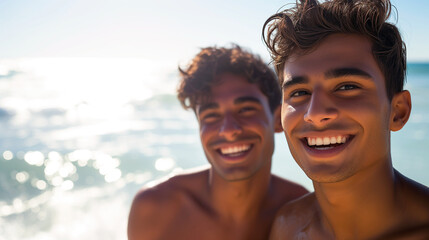 Two sun tanned happy men on a sunny beach -Generative AI
