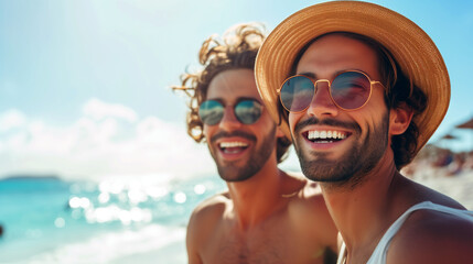 Two sun tanned happy men on a sunny beach -Generative AI