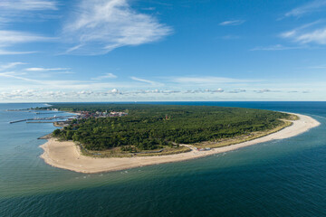 Hel city. Aerial view of Hel Peninsula in Poland, Baltic Sea and Puck Bay (Zatoka Pucka) Photo made by drone from above. End of poland hel peninsula. Hel beach in Poland