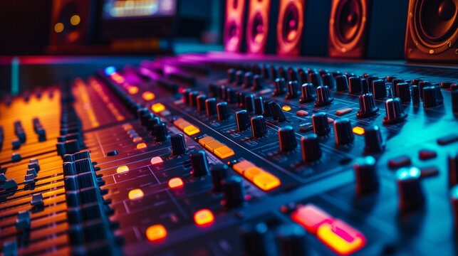 Modern mixing console in a music studio with speakers and screens - Generative AI