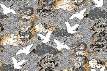 Chinese crane and flowers. Seamless pattern. Vector illustration. Suitable for fabric, mural, wrapping paper and the like