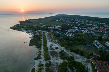 Aerial  drone view of sunset in Hel penisula Jastarnia Puck Bay Baltic Sea