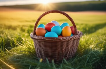 Basket of colorful Easter eggs on a summer field