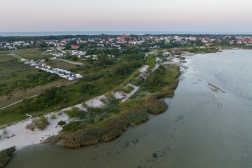 Jastarnia city in Poland. Aerial drone photo view of  Baltic Sea coast in Hel peninsula, Jastarnia. Puck Bay in Poland