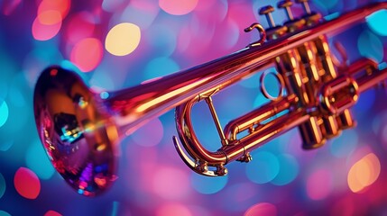 Fototapeta premium Close-up of a polished brass trumpet against a soft bokeh background with vibrant colors