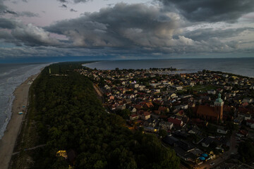Jastarnia city in Poland. Aerial drone photo view of  Baltic Sea coast in Hel peninsula, Jastarnia....