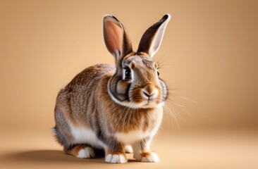 Obraz premium Easter banner. Brown and white rabbit sitting on a beige background