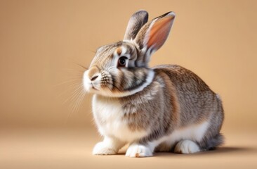 Obraz premium Brown and white rabbit sitting on a beige background