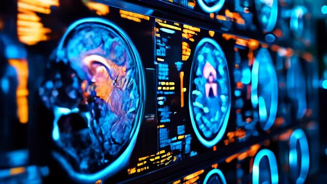Advanced medical imaging technology in neon blue showcasing a series of brain MRI scans for neurological research and diagnostics in a clinical setting