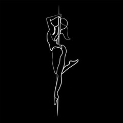 Pole dancer, dancing girl beautiful female abstract silhouette continuous line drawing, tattoo, print for clothes and logo design, silhouette on black background, isolated vector illustration.