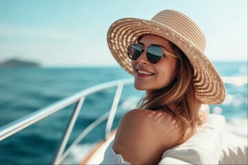 beautiful woman enjoying sea travel by luxurious yacht