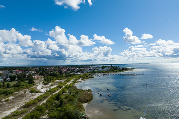 Jastarnia city in Poland. Aerial drone photo view of  Baltic Sea coast in Hel peninsula, Jastarnia....