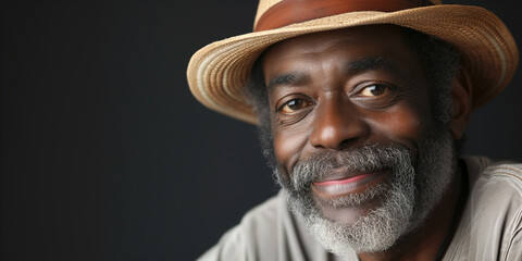 Elderly African American man with a warm smile, wearing a straw hat against a dark backdrop, exuding a serene vibe