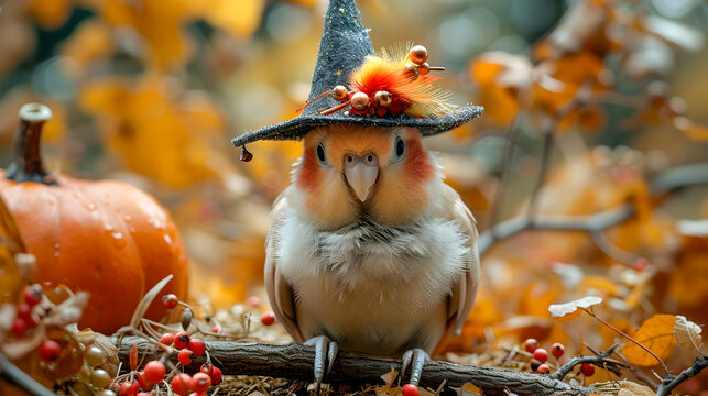 A cockatiel wearing a witch hat poses with pumpkins in a festive autumn setting.

