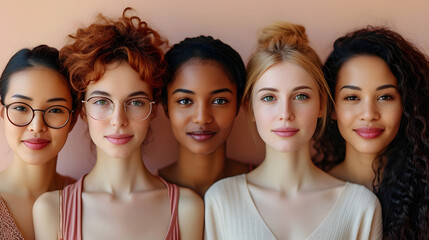 This image captures a serene moment as a group of five diverse young women stand closely, showcasing unity and diversity.