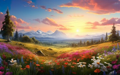 Spring landscape panorama with flowering flowers