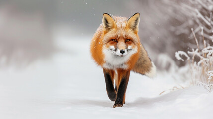 Obraz premium Red Fox walking in the snow