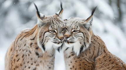 Naklejka na ściany i meble Portrait of Two lynxes together in winter