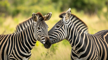 Two zebra nuzzling