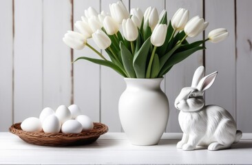 Obraz na płótnie Canvas easter decoration with eggs and tulips