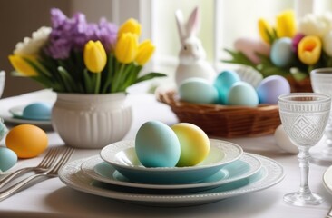 Fototapeta na wymiar Set table for Easter with tulips, colorful eggs and a ceramic hare in a white kitchen, close-up