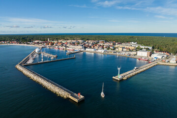 Port hel peniinsula in Poland.. Aerial view of Hel Peninsula in Poland, Baltic Sea and Puck Bay ....