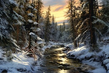 Paintings portraying winter landscapes. Generative AI