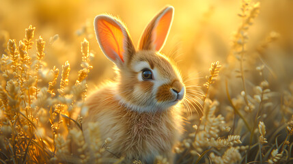 A serene rabbit sits within a golden wheat field during the tranquil hours of sunset.
