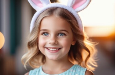 A little fair-haired girl with blue eyes and a headband in the form of bunny ears smiles happily