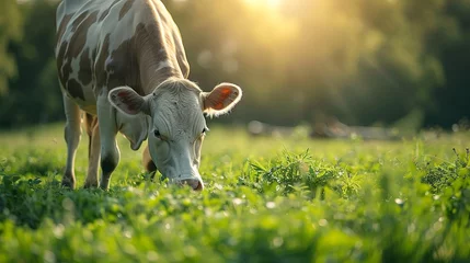 Foto op Plexiglas Tranquil pastoral scene with a cow grazing peacefully in the meadow © sitimutliatul