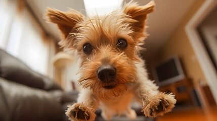 Close-up of an inquisitive Yorkshire Terrier looking at the camera with a funny expression.
