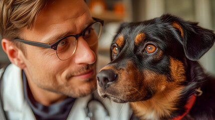 Close-up of a male veterinarian in glasses looking closely at a tricolor dog, conveying trust and care.
