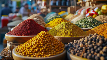 A close-up of a spice market, with mounds of colorful spices and the aroma filling the air.