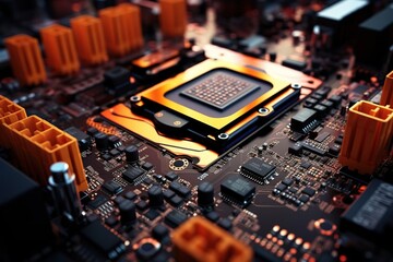 3D rendering quantum processor, quantum computer, Close-up of an electrical circuit board with a CPU, a microchip, and other electronic components. 3d technology Motherboard, futuristic background - obrazy, fototapety, plakaty