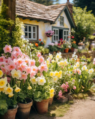 Fototapeta na wymiar A Vibrant Garden With an Abundance of Flowers Next to a House