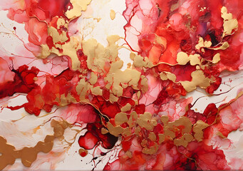 Red color alcohol ink painting, color-gel, splashing art, abstract, pastel tones with golden cracks