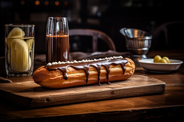Elevate your senses with a decadent Chocolate Eclair paired with a coffee cup on a dark background....