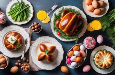 Top view of a gray table with a lot of food for Easter celebration