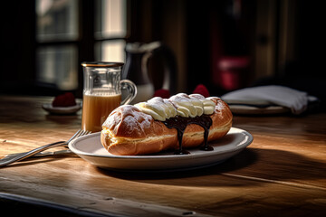 Elevate your senses with a decadent Chocolate Eclair paired with a coffee cup on a dark background. A tempting image for culinary projects and dessert themed designs.
