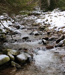 Rwący górski potok zimą