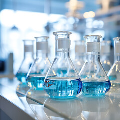 chemical process in a lab, with blue liquids in transparent glass vessels, in the style of bokeh