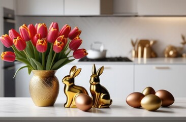 A bouquet of red tulips, chocolate bunnies and Easter eggs stand on the table in a bright kitchen.